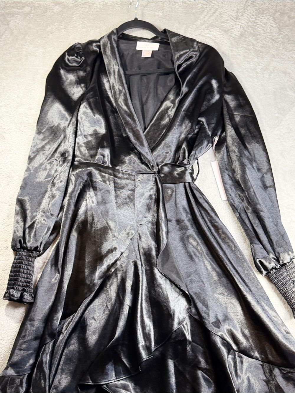 Rachel Parcell Black Satin Wrap Dress with Ruffle Hem - XS NWT - Picture 4 of 7